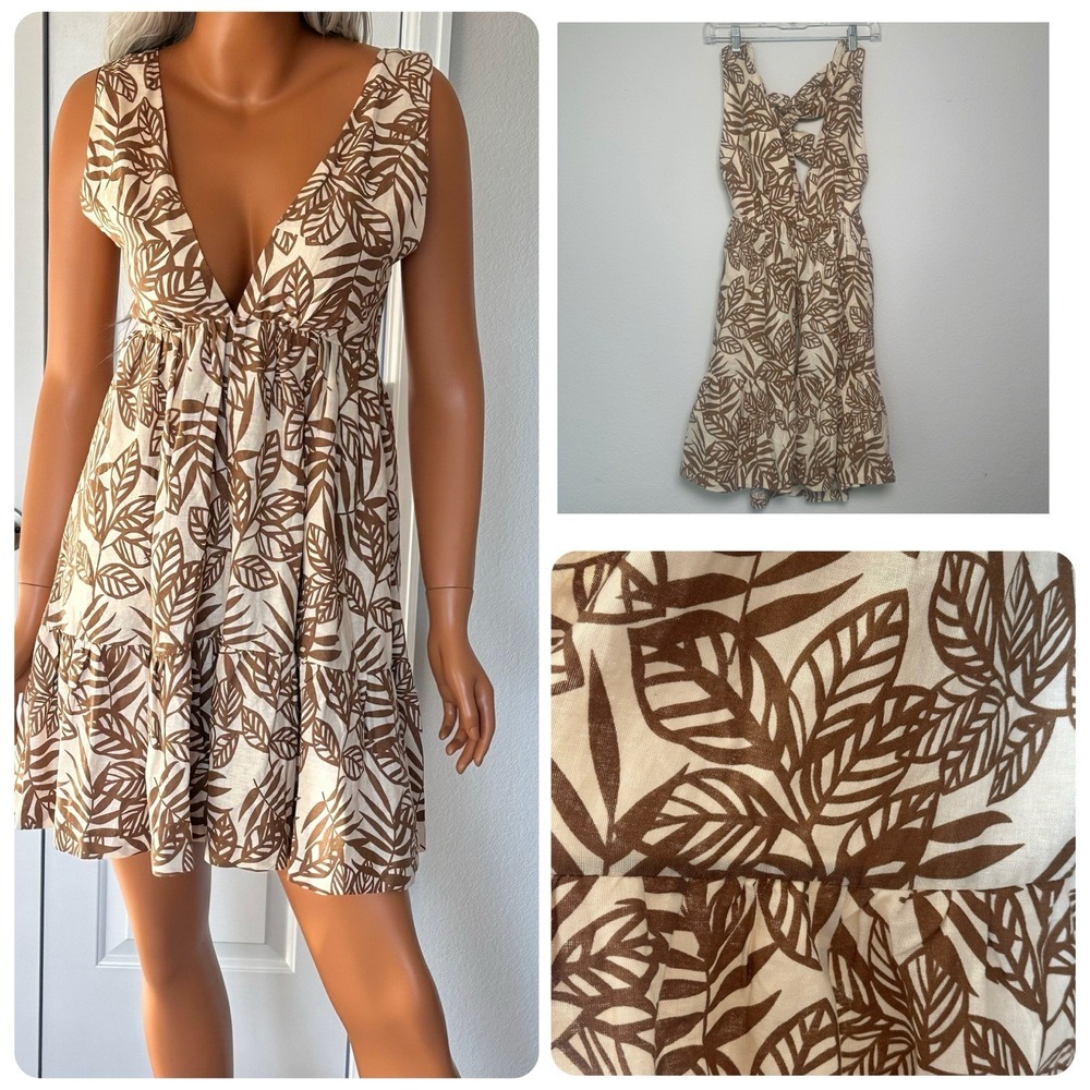 House of Harlow 1960 Linen Boho Dress XS Open Back Tie Floral Pockets Coastal
